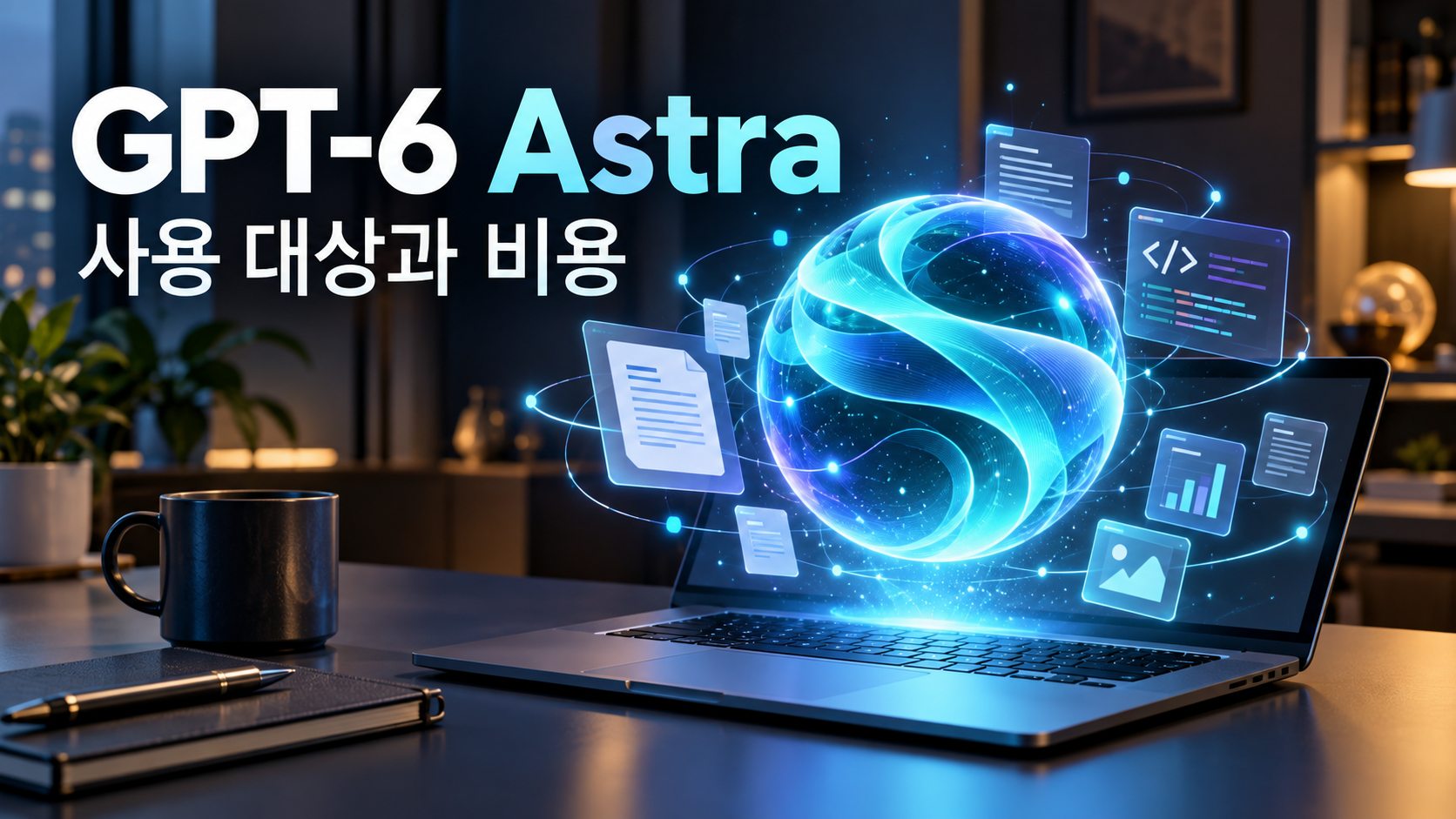 노트북 위 AI 구체와 문서·코드 아이콘으로 표현한 GPT-6 아스트라의 업무 활용