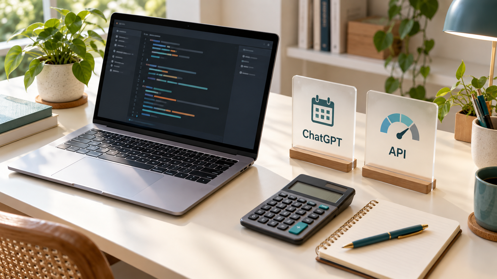 ChatGPT와 API 표지 옆에 노트북과 계산기를 배치해 AI 이용 비용을 표현한 이미지