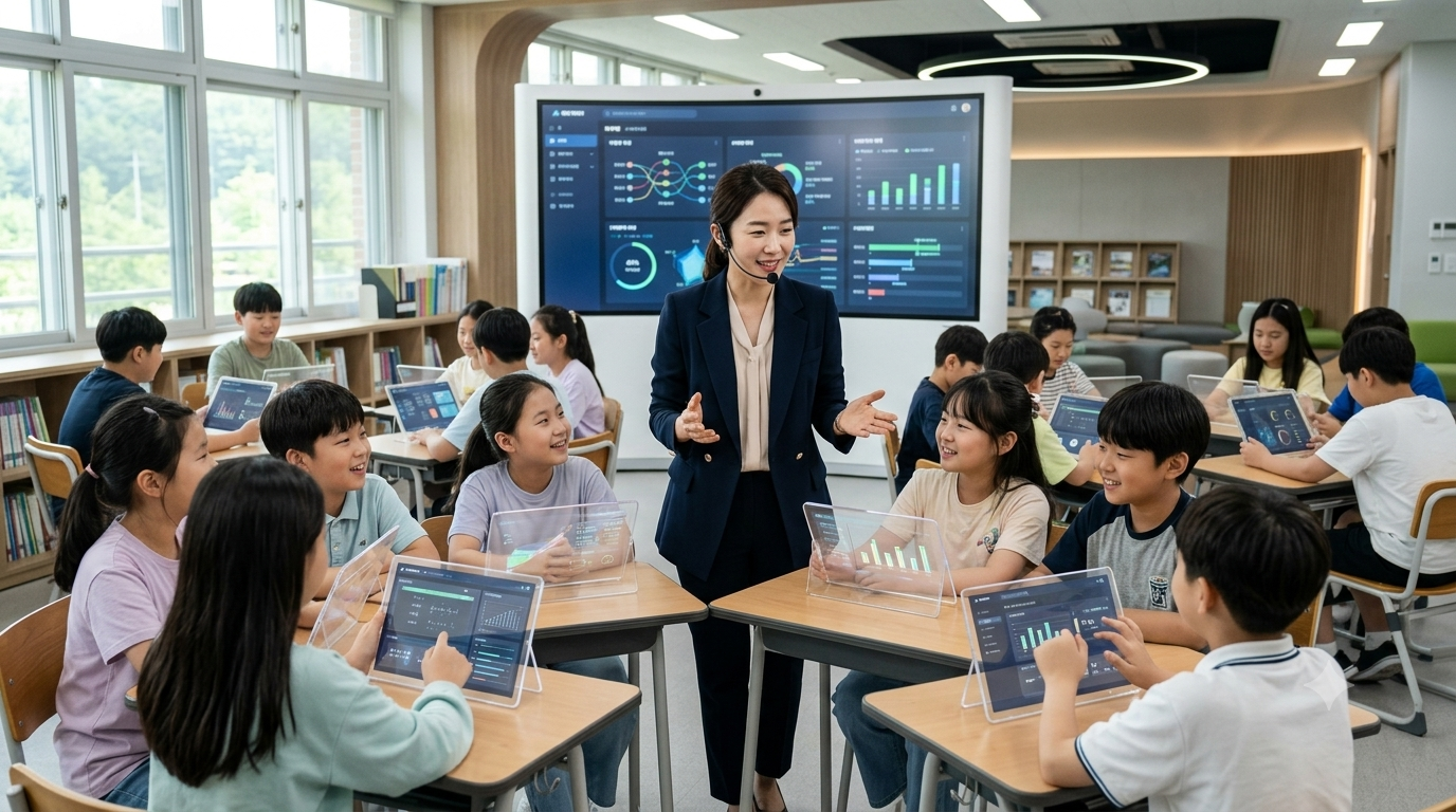 교사와 학생들이 AI 기술을 활용해 수업하는 교실 모습
