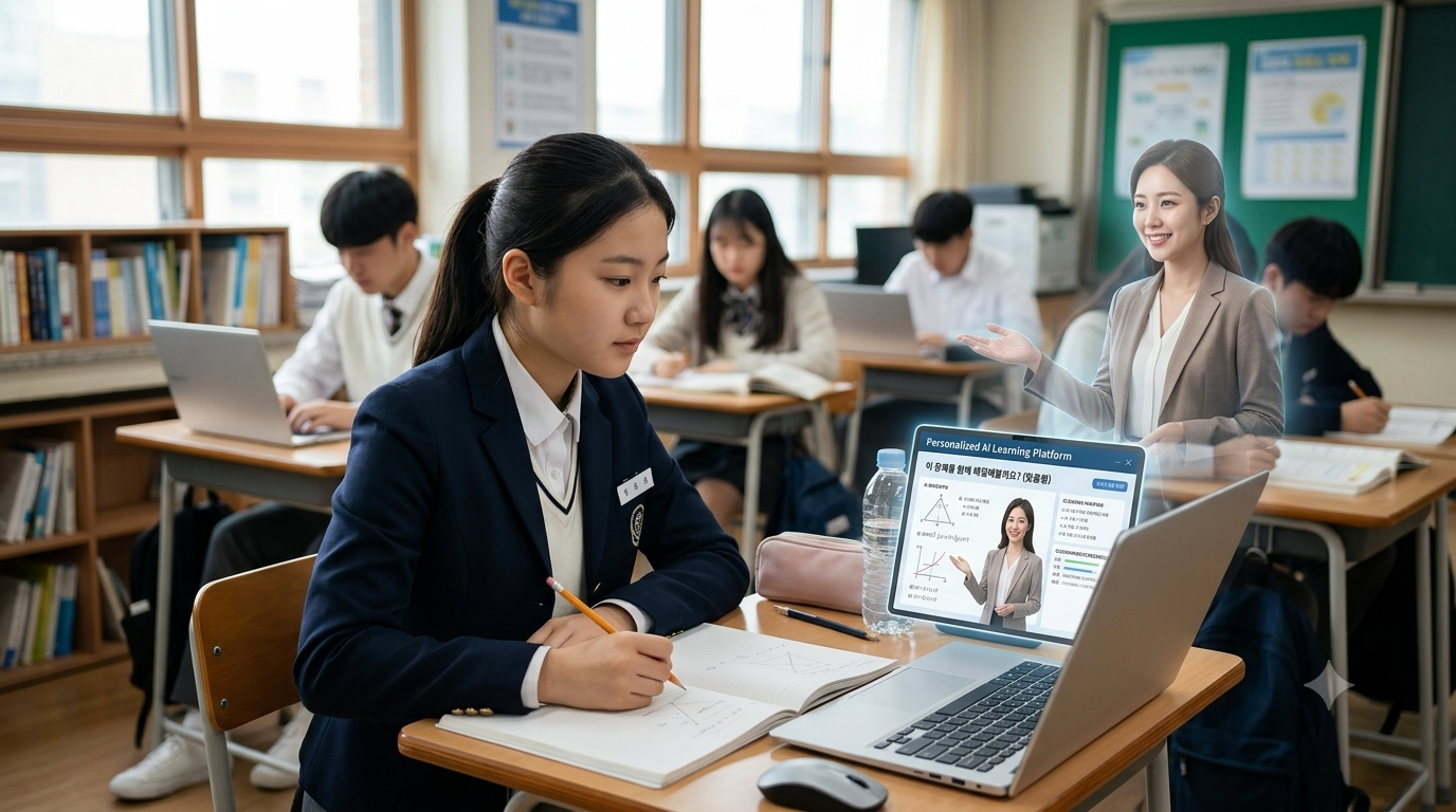 학생이 노트북으로 AI 개인교사의 도움을 받아 공부하는 모습