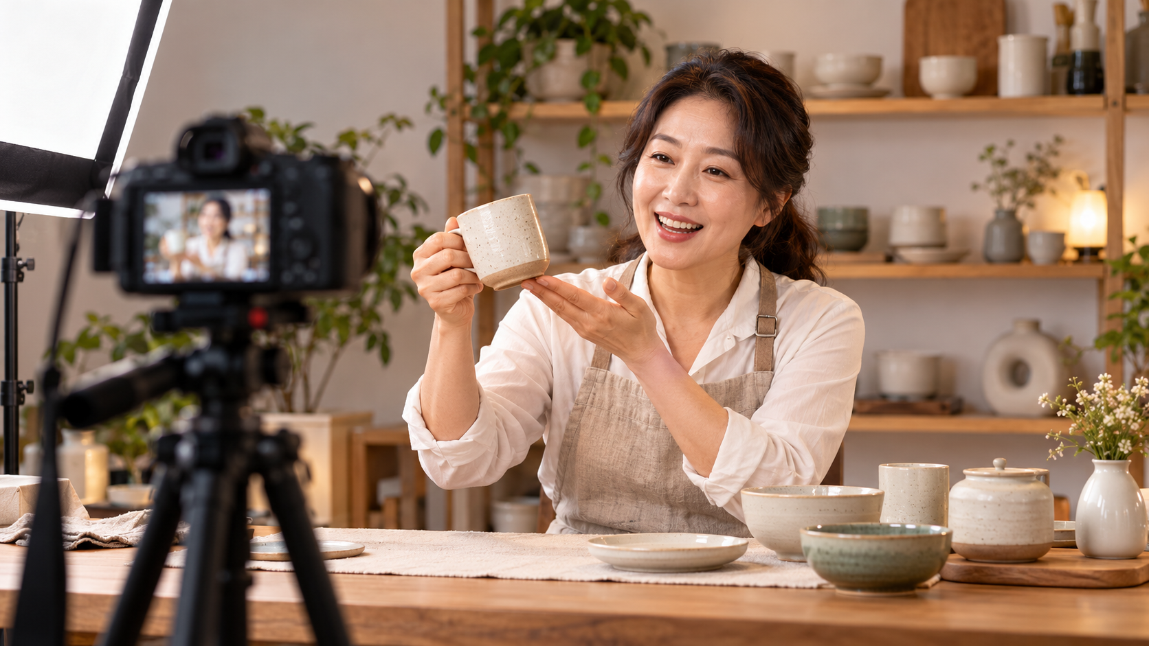 카메라 앞에서 도자기 상품을 소개하는 소상공인의 라이브커머스 촬영 장면