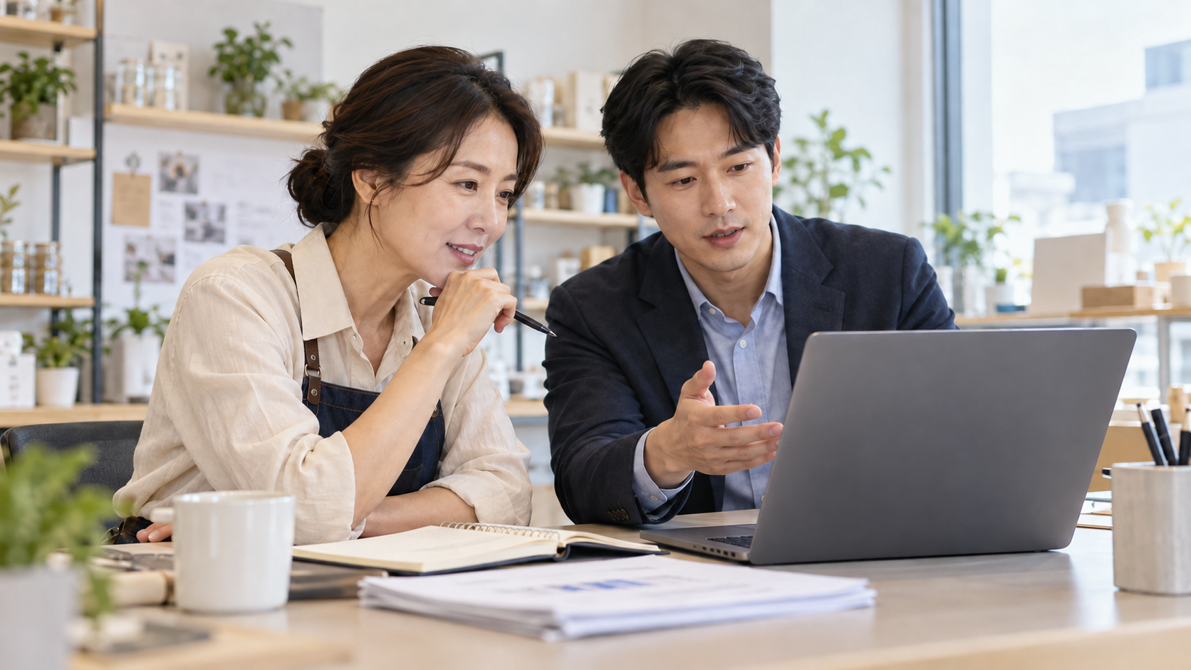기업 담당자와 기술 전문가가 노트북을 보며 AI 솔루션 도입을 상담하는 모습